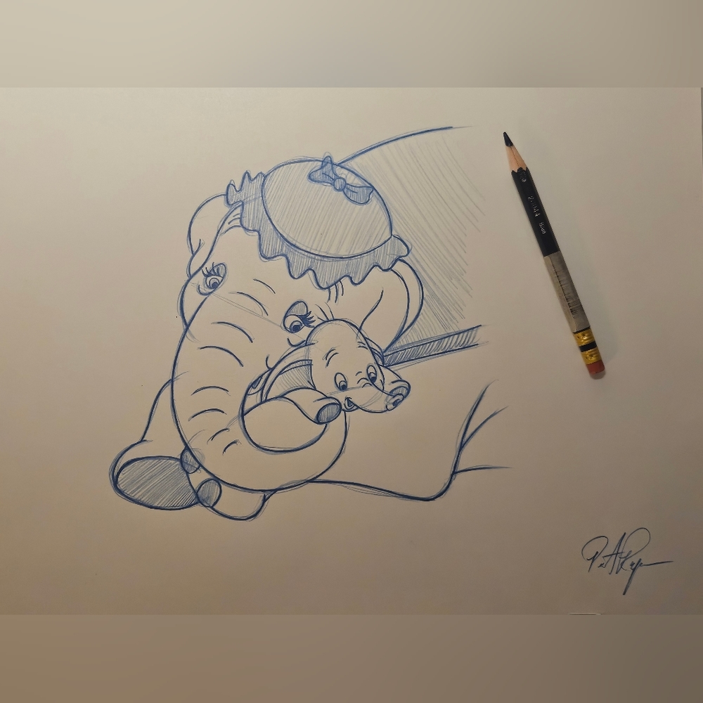 Disney Dumbo and Mrs. Jumbo mom Drawing/Sketch animation art signed - Picture 4 of 6